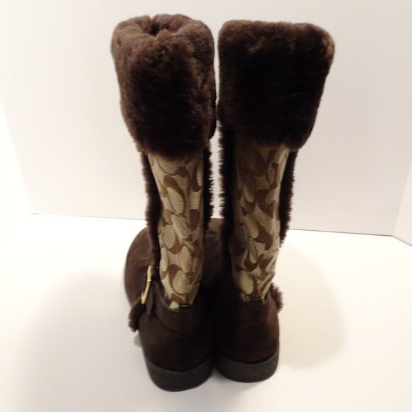 COACH DeeAnn Brown Suede Fur Trimmed Boots Size 8 Monogram Jacquard - Picture 5 of 9